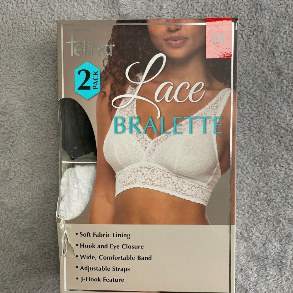 NEW Felina 2-Pack Lace Bralette  Medium Adjustable Straps Black & White